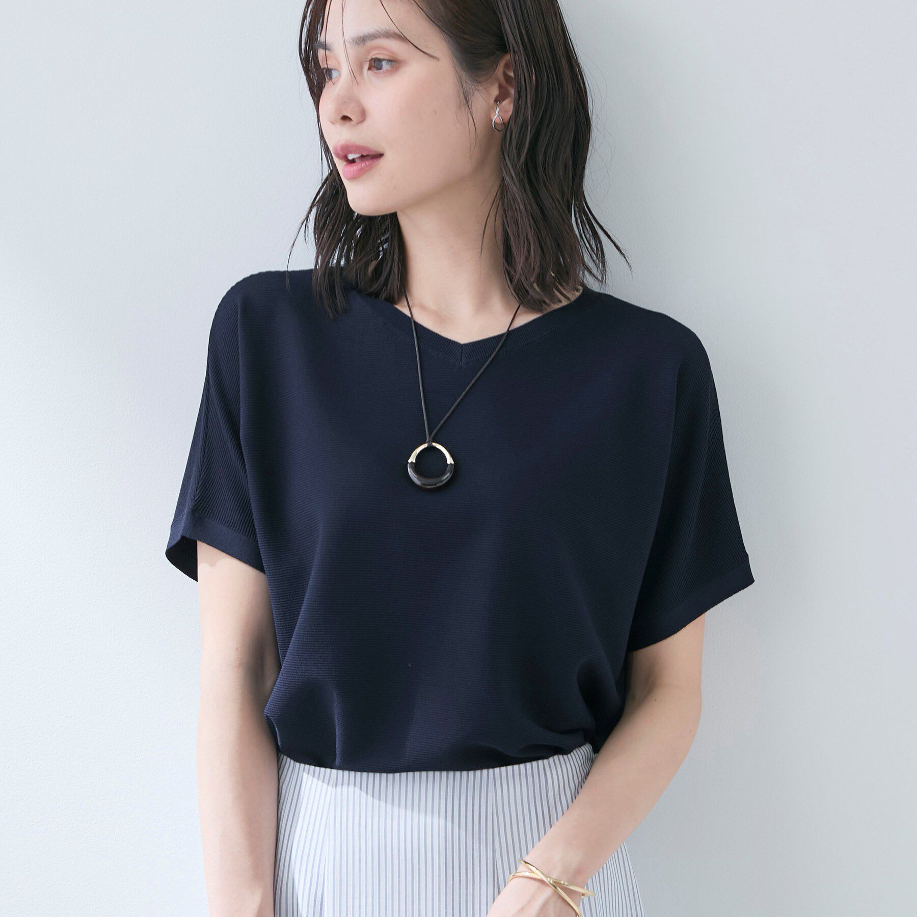 INDIVI「【洗える】ガーター編みVネックニットT」|ニット・セーター|