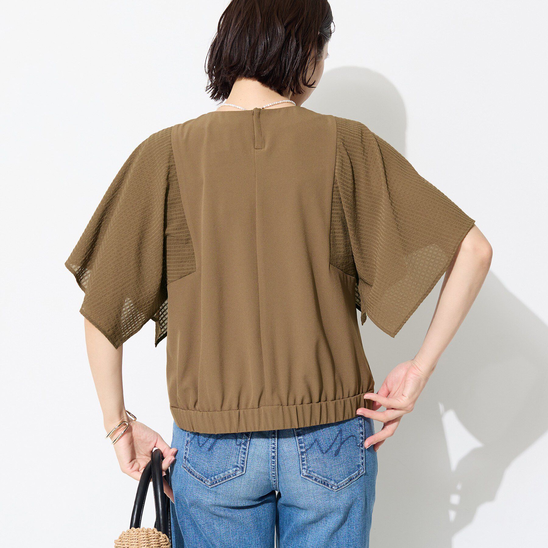 INDIVI「【洗える／シアーチェック柄】異素材コンビスリーブトップス」|Tシャツ・カットソー|