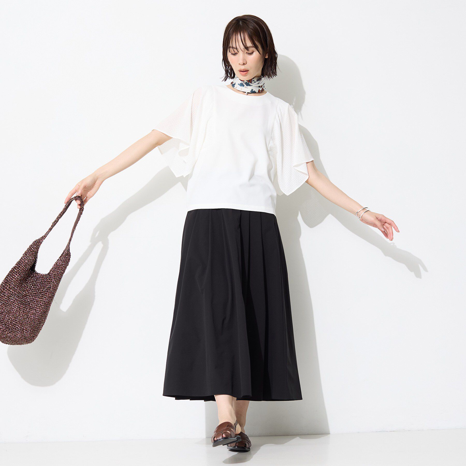 INDIVI「【洗える／シアーチェック柄】異素材コンビスリーブトップス」|Tシャツ・カットソー|