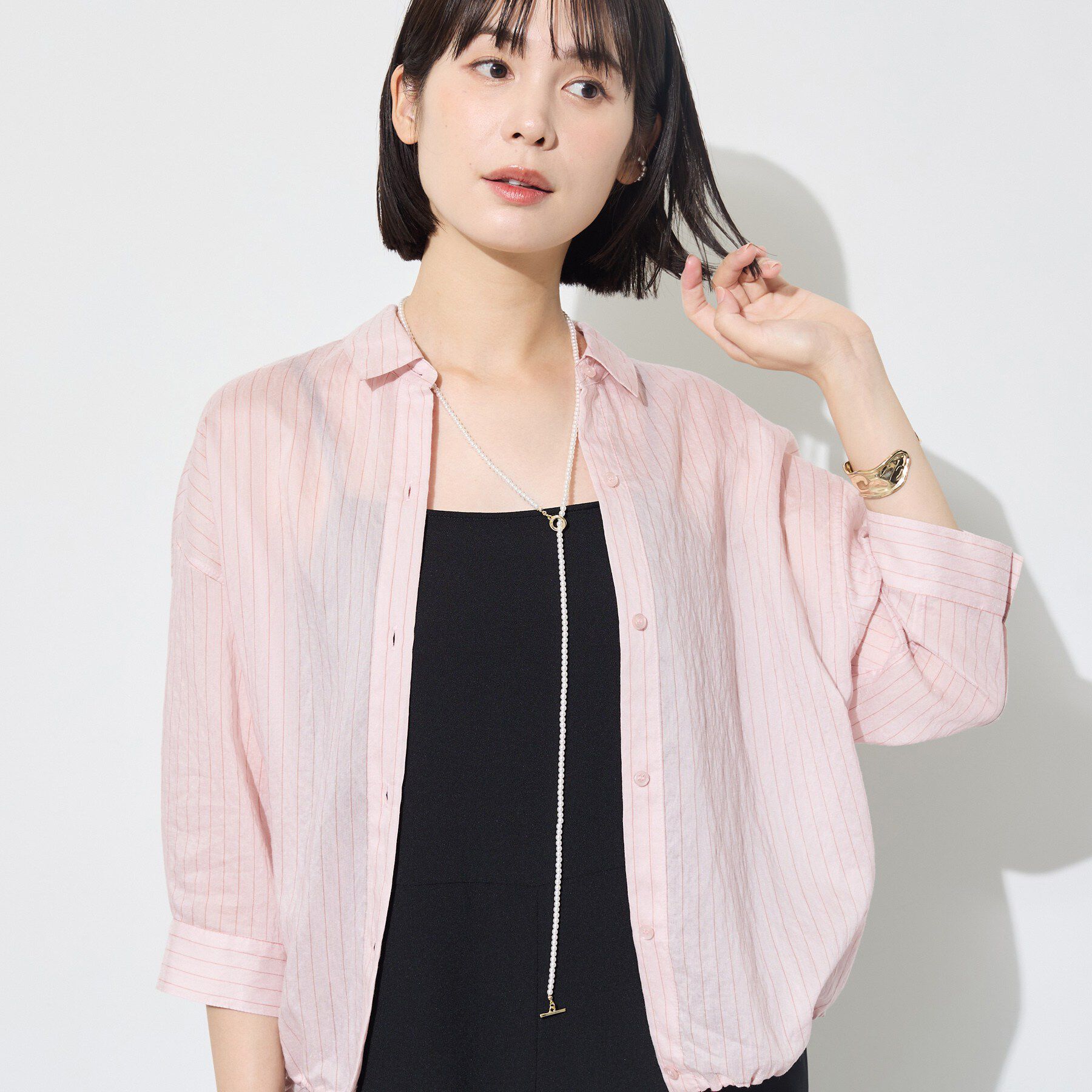 INDIVI「【シアー／7分袖】体型カバーゆったりシャツ」|シャツ・ブラウス|ピンク(371)