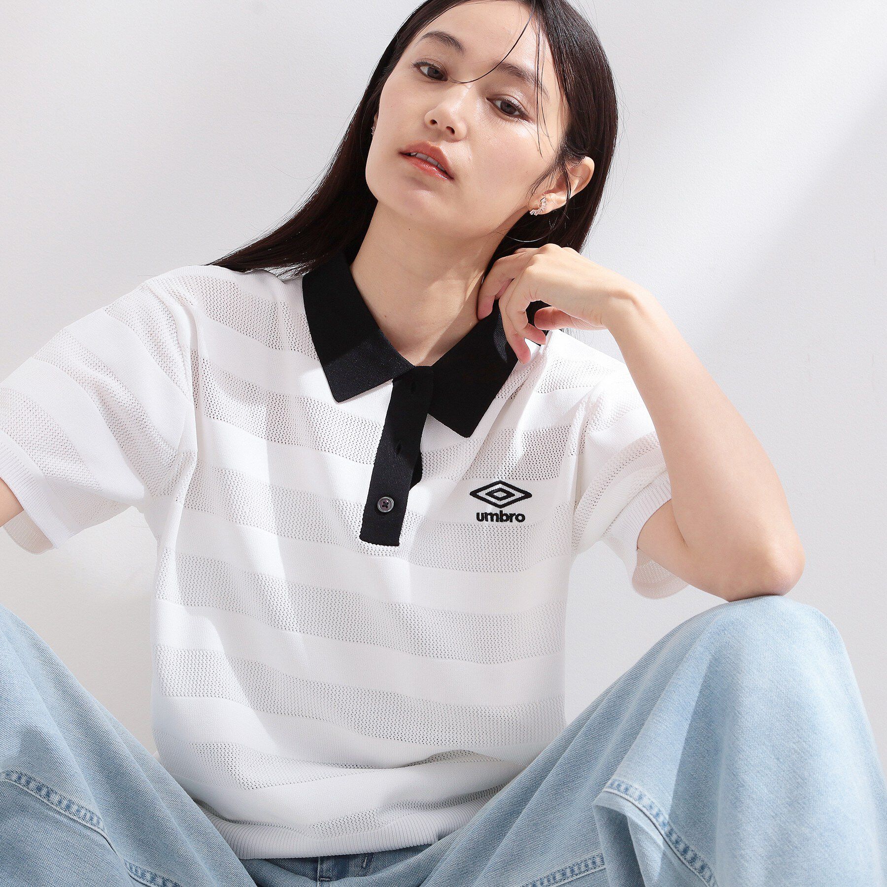 OPAQUE.CLIP「◆【umbro／アンブロ】メッシュボーダー配色ポロニット」|ニット・セーター|ホワイト(001)