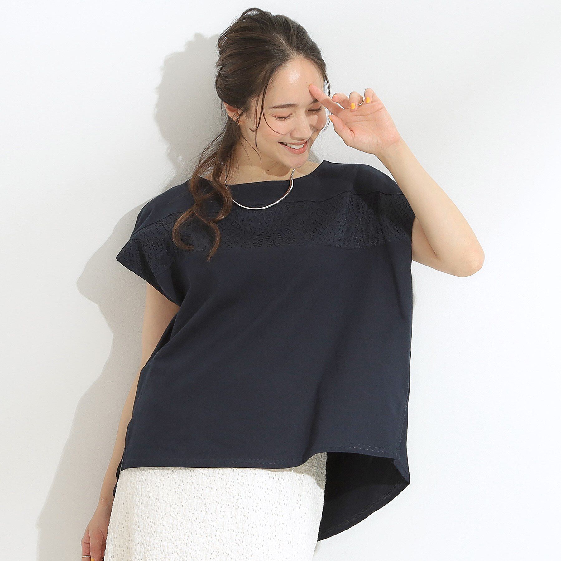 SHOO･LA･RUE「【洗える/S-LL/体型カバー】レース使いが華やか フレンチスリーブコットンTシャツ」|Tシャツ・カットソー|