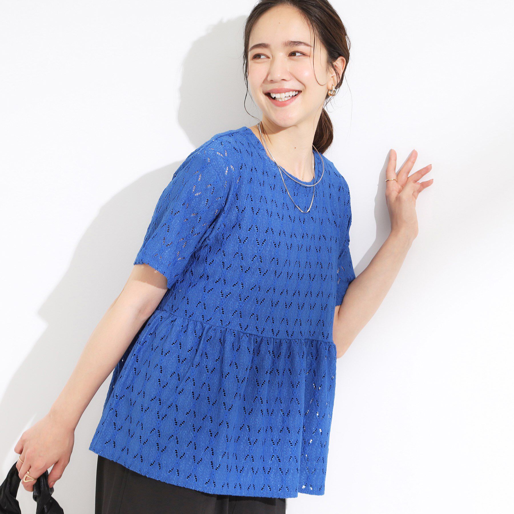 SHOO･LA･RUE「【S-LL】インせず決まる レースペプラムトップス」|Tシャツ・カットソー|ブルー(093)