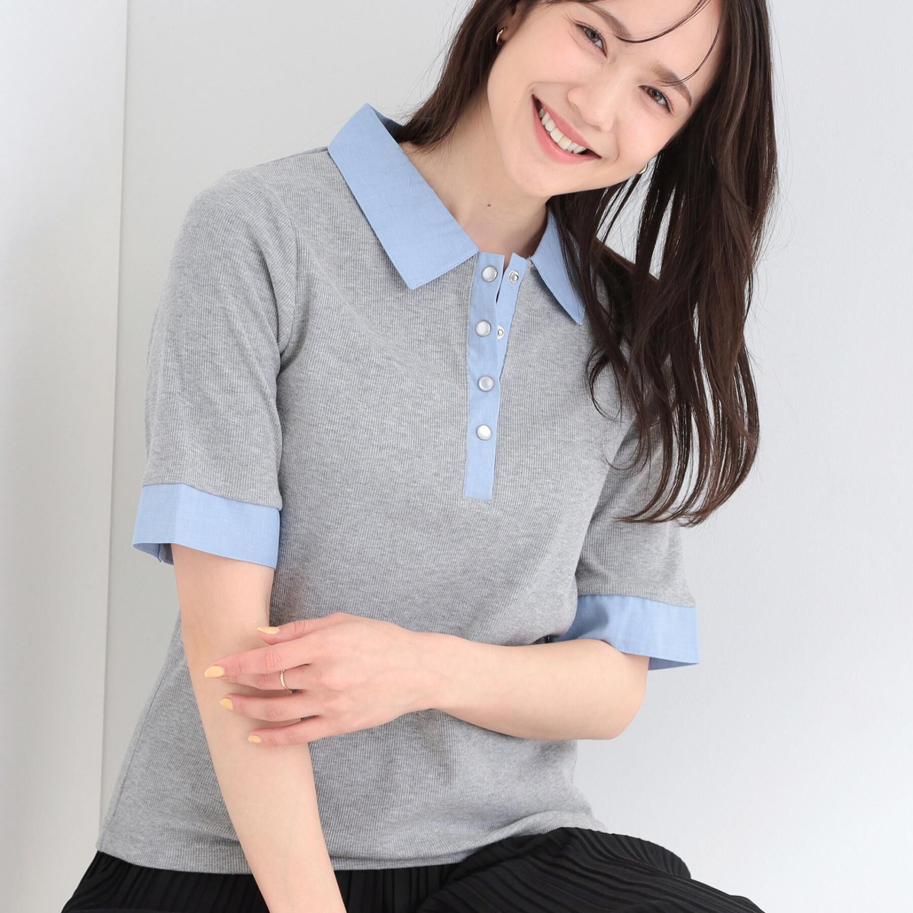 SHOO･LA･RUE「【洗濯機可/S-LL】シャツレイヤード風 テレコポロトップス」|Tシャツ・カットソー|グレー(012)