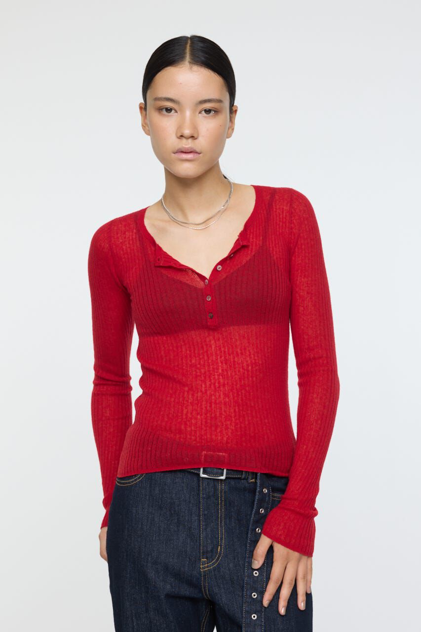 MOUSSY「SHEER HENRY NECK ニットトップス」|ニット・セーター|RED