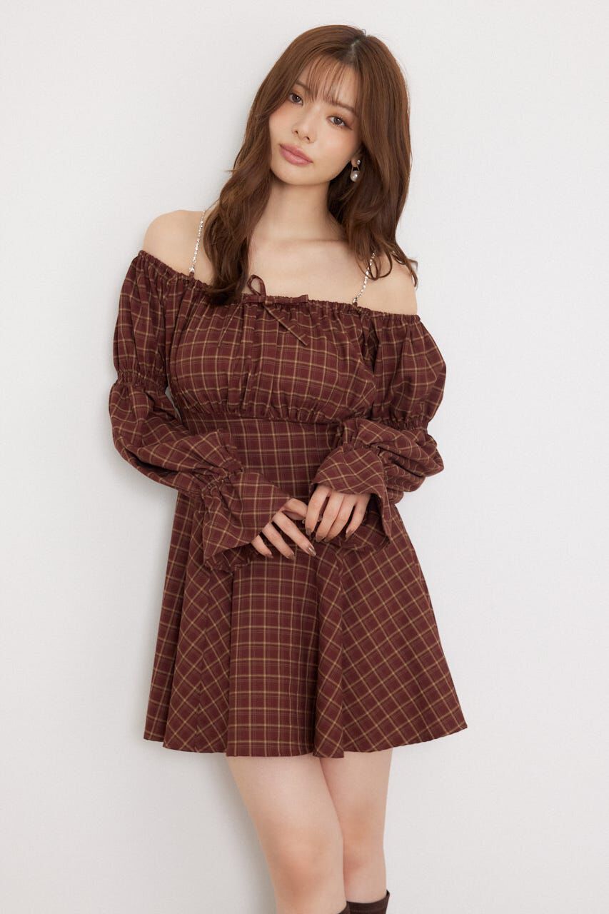 rienda「オフショルチェックミニワンピース」|ワンピース|RED