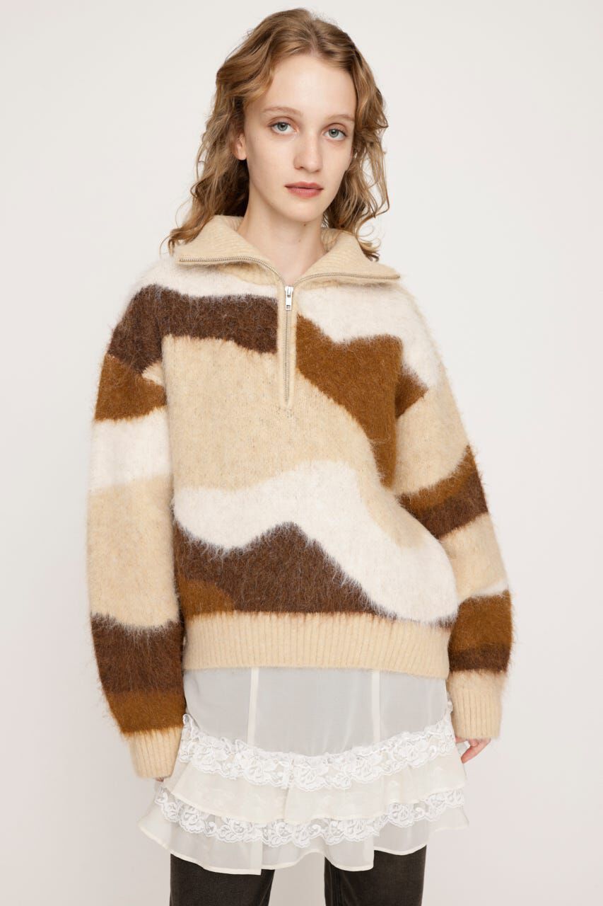 SLY「FRONT ZIP MARBLE KNIT トップス」|ニット・セーター|BEG