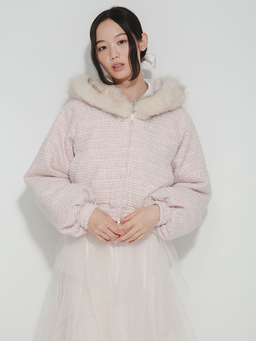 FURFUR「エコファーフードツイードブルゾン」|ブルゾン・スタジャン|