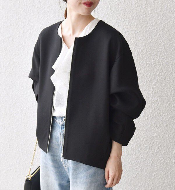 SHIPS any「《一部追加予約》〈洗濯機可能〉ダブルクロス ノーカラー ジップ ブルゾン［NAVY BLUE］」|ノーカラージャケット|