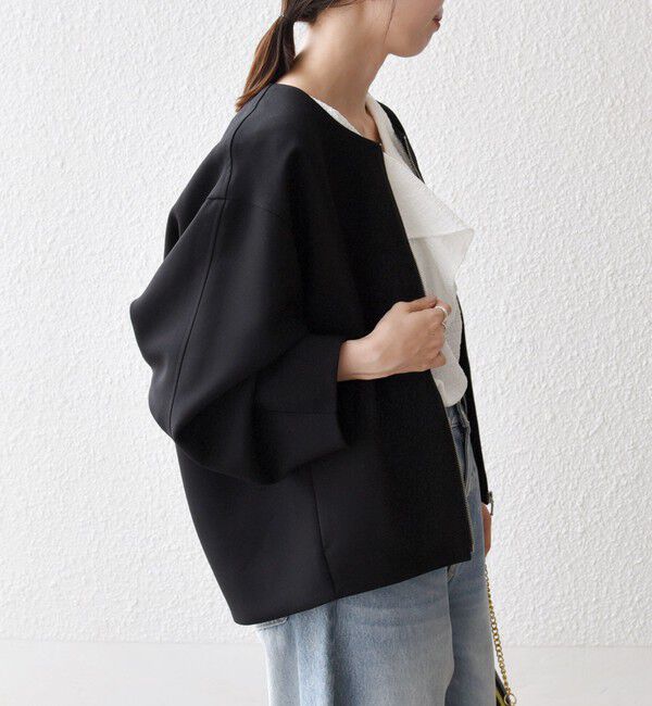 SHIPS any「《一部追加予約》〈洗濯機可能〉ダブルクロス ノーカラー ジップ ブルゾン［NAVY BLUE］」|ノーカラージャケット|
