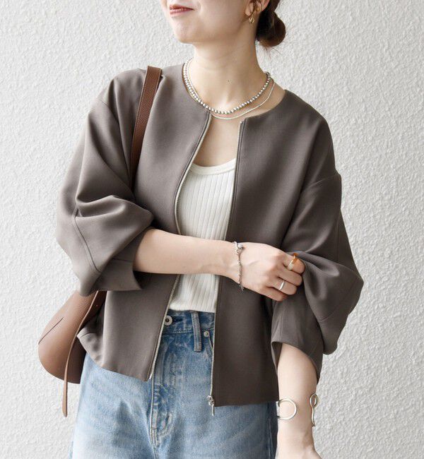 SHIPS any「《一部追加予約》〈洗濯機可能〉ダブルクロス ノーカラー ジップ ブルゾン［NAVY BLUE］」|ノーカラージャケット|