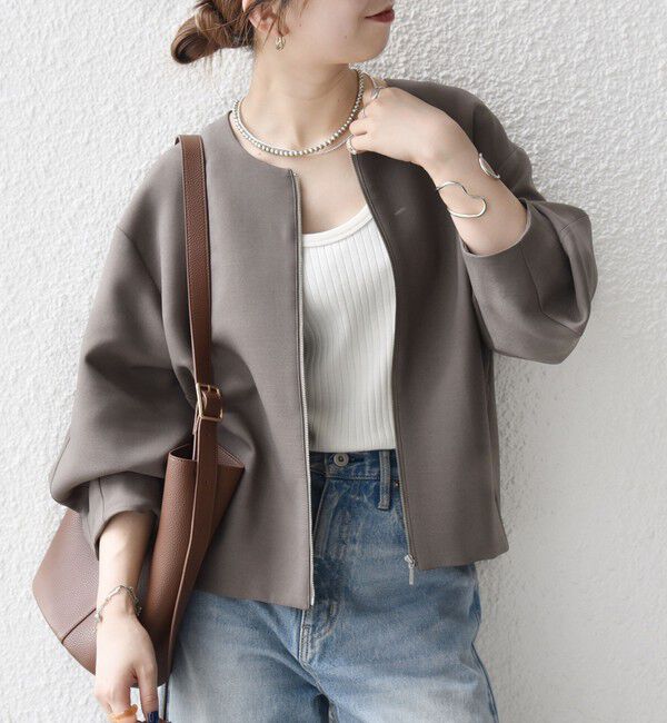 SHIPS any「《一部追加予約》〈洗濯機可能〉ダブルクロス ノーカラー ジップ ブルゾン［NAVY BLUE］」|ノーカラージャケット|