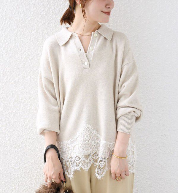 SHIPS for women「【WEB限定】〈手洗い可能〉レーストリム スキッパー ポロ襟 ニット」|ニット・セーター|