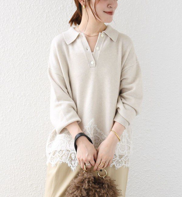 SHIPS for women「【WEB限定】〈手洗い可能〉レーストリム スキッパー ポロ襟 ニット」|ニット・セーター|