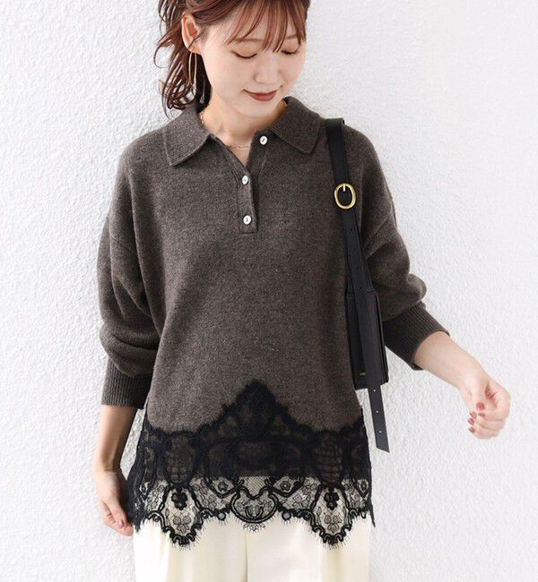 SHIPS for women「【WEB限定】〈手洗い可能〉レーストリム スキッパー ポロ襟 ニット」|ニット・セーター|