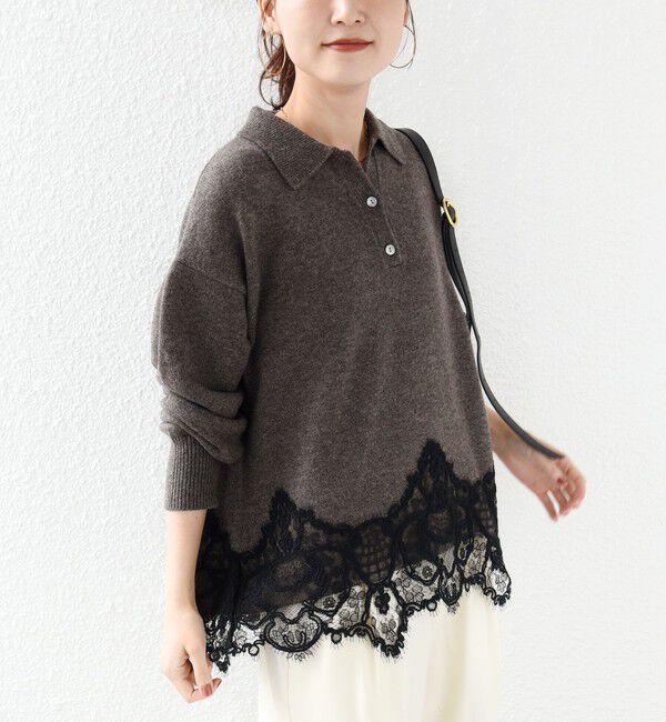 SHIPS for women「【WEB限定】〈手洗い可能〉レーストリム スキッパー ポロ襟 ニット」|ニット・セーター|