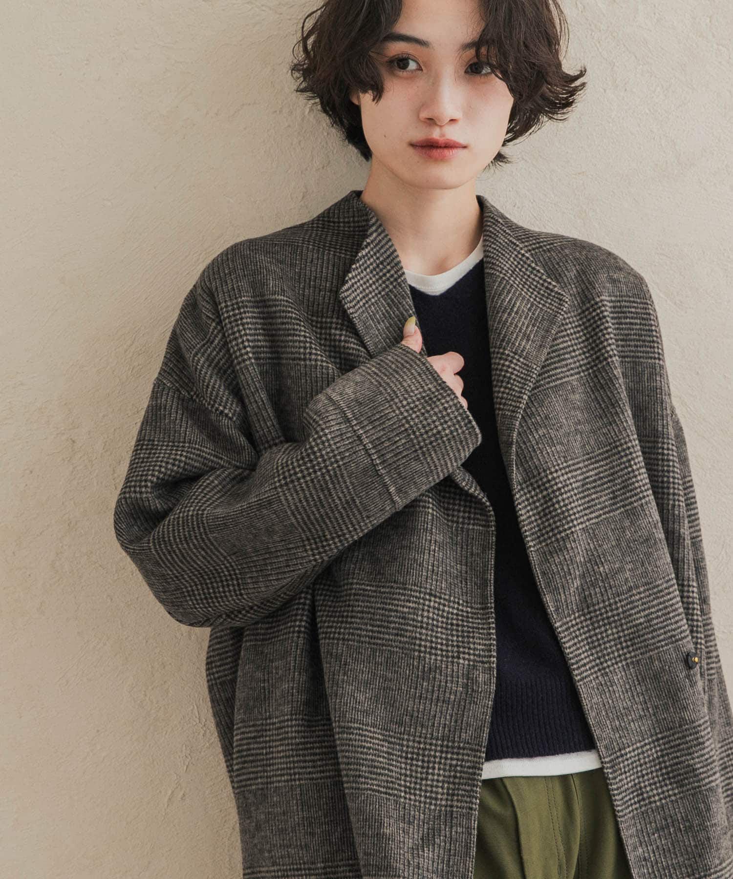 URBAN RESEARCH DOORS「ウールリバーミドルガウンコート 26AW」|ノーカラーコート|チェック