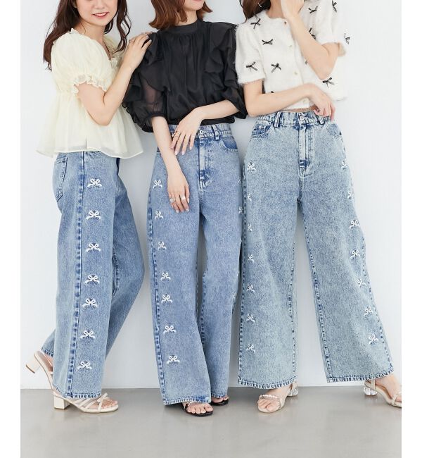 MAJESTICLEGON「リボンビジューデニムパンツ」|デニム|