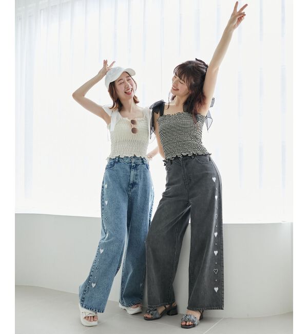 MAJESTICLEGON「リボンビジューデニムパンツ」|デニム|