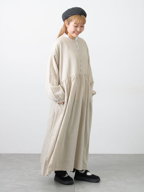 Samansa Mos2「【Cross&times;Linen】ギャザーワンピース」|ワンピース|ベージュ