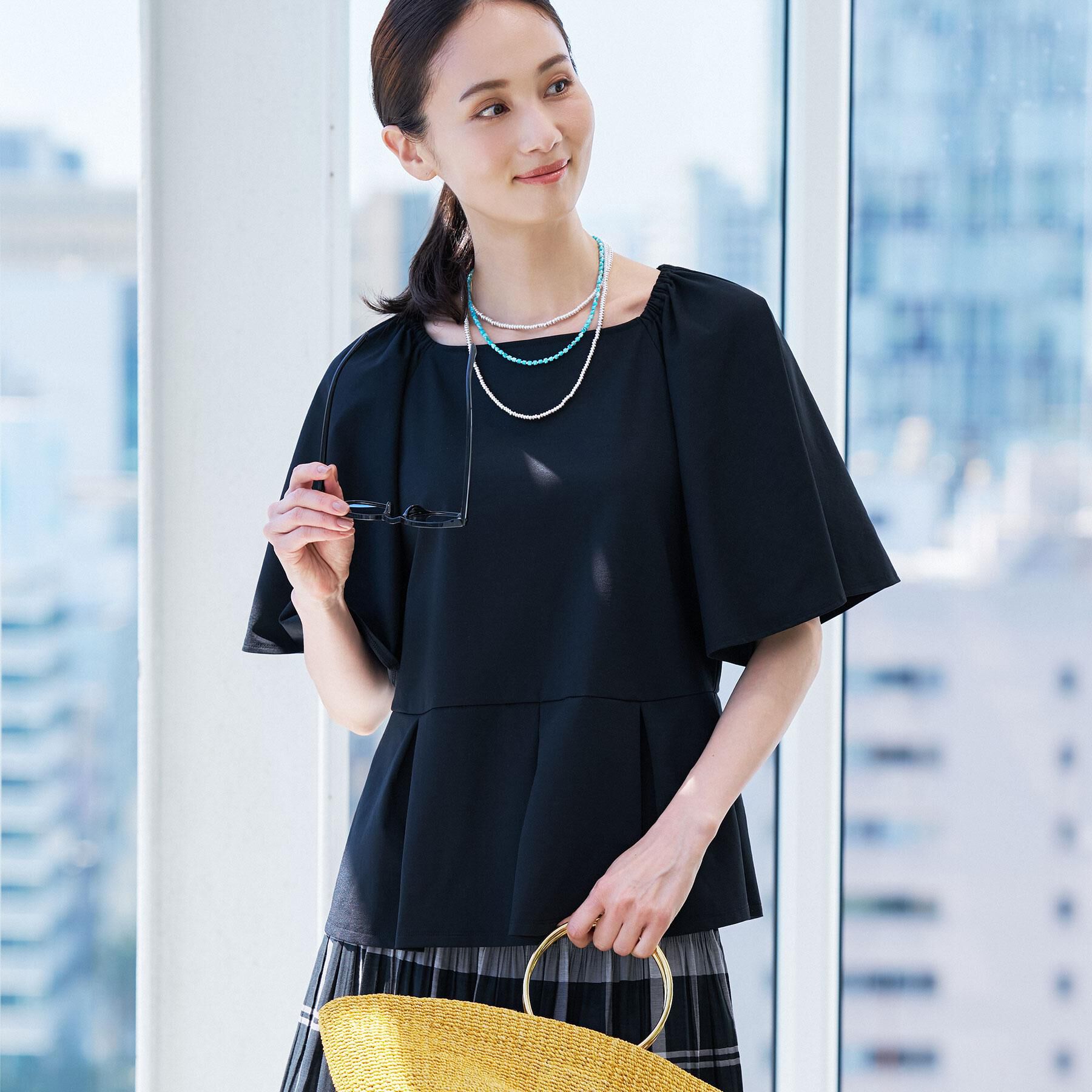 Reflect「【UVカット／接触冷感／吸水速乾】フレアスリーブペプラムカットソー」|Tシャツ・カットソー|ブラック(019)