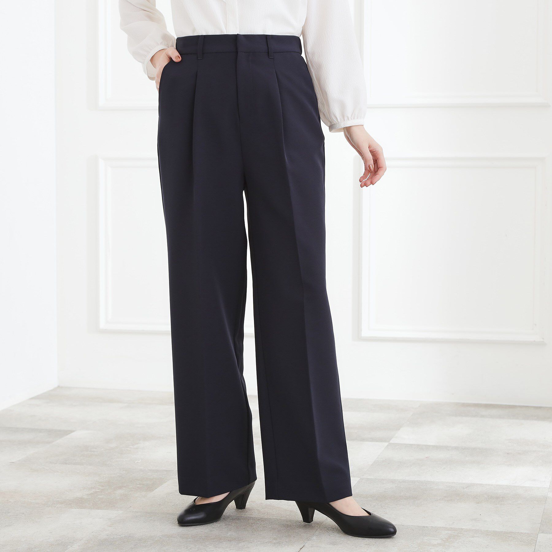 grove「【マシンウォッシュ／防シワ/SS-3L】ストレッチワイドパンツ」|その他|ネイビー(094)
