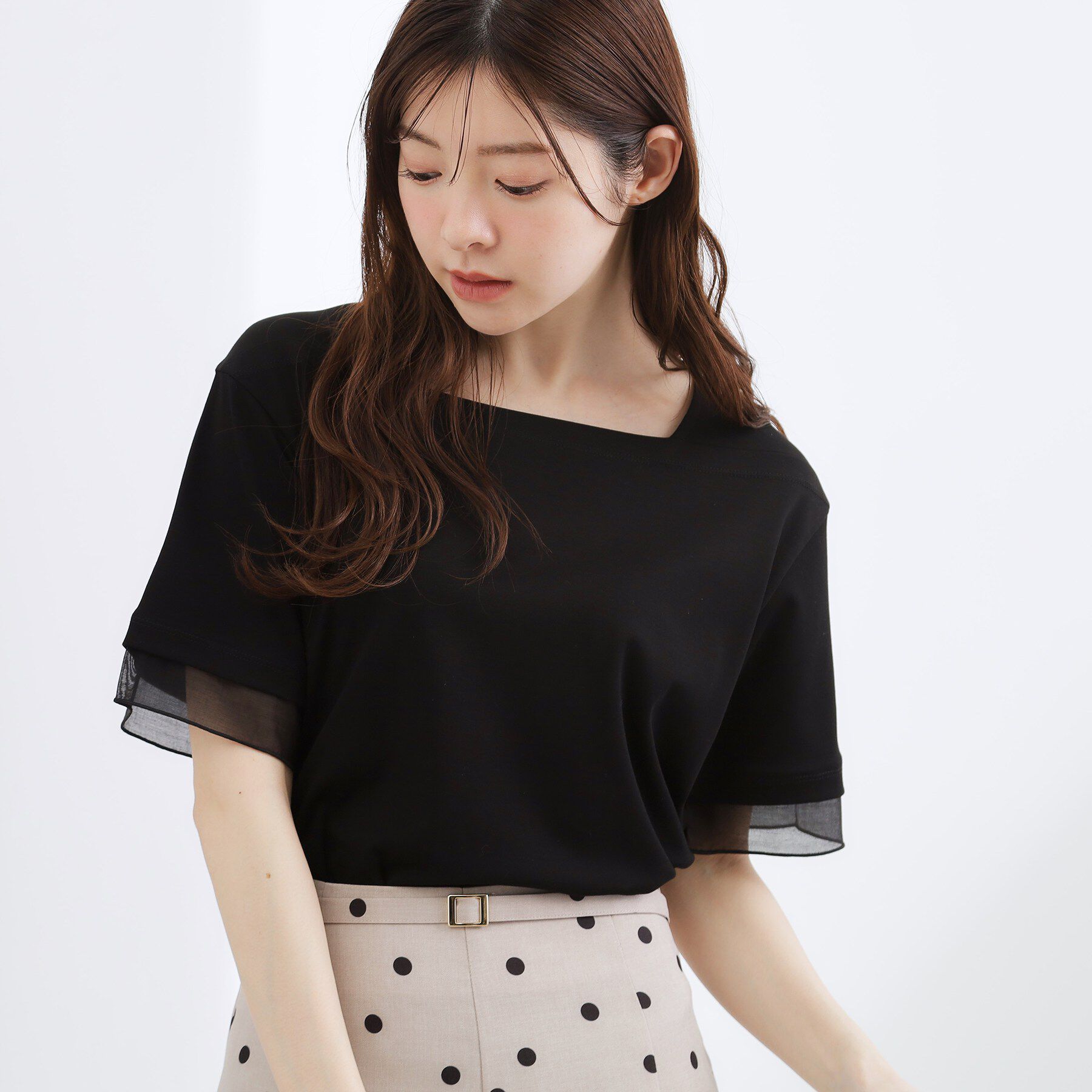 grove「【二の腕カバー/UVカット】袖口シアースクエアネックTシャツ」|Tシャツ・カットソー|