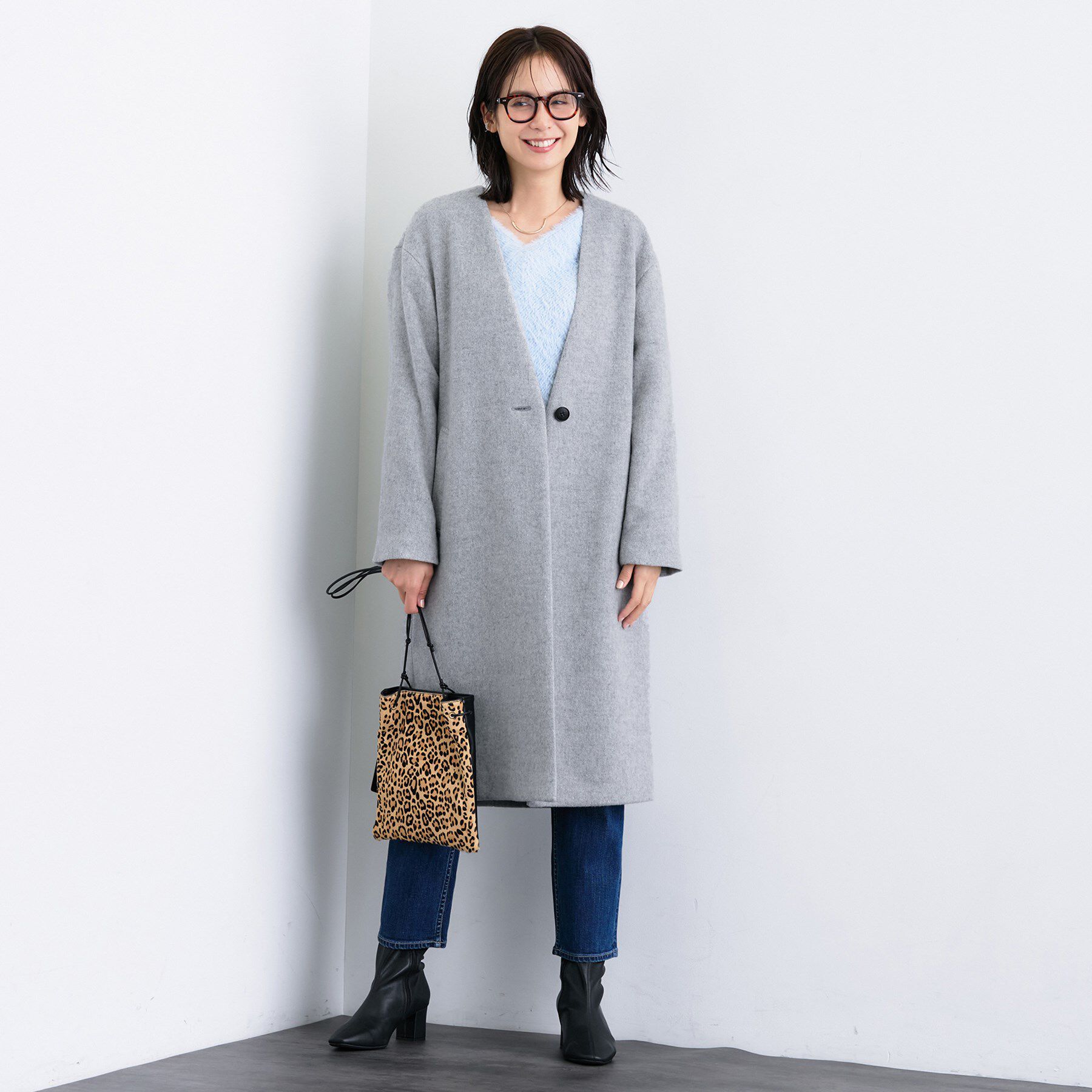 INDIVI「【軽量／ウール混】ライトフォルム ロングコート」|ノーカラーコート|