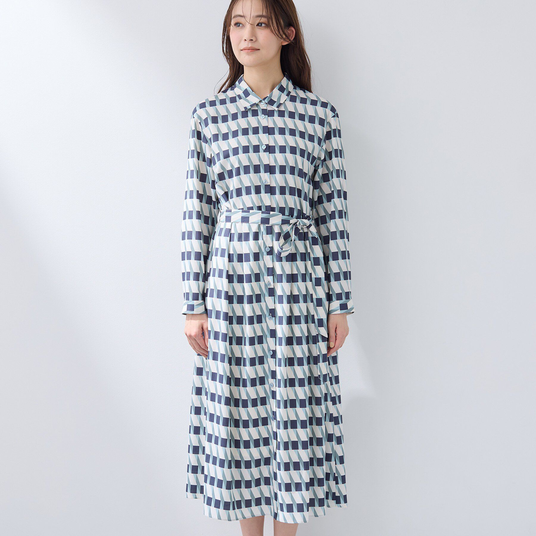 INDIVI「【洗える／2WAY】ベルト付き ジオメトリック柄 シャツワンピース」|ワンピース|