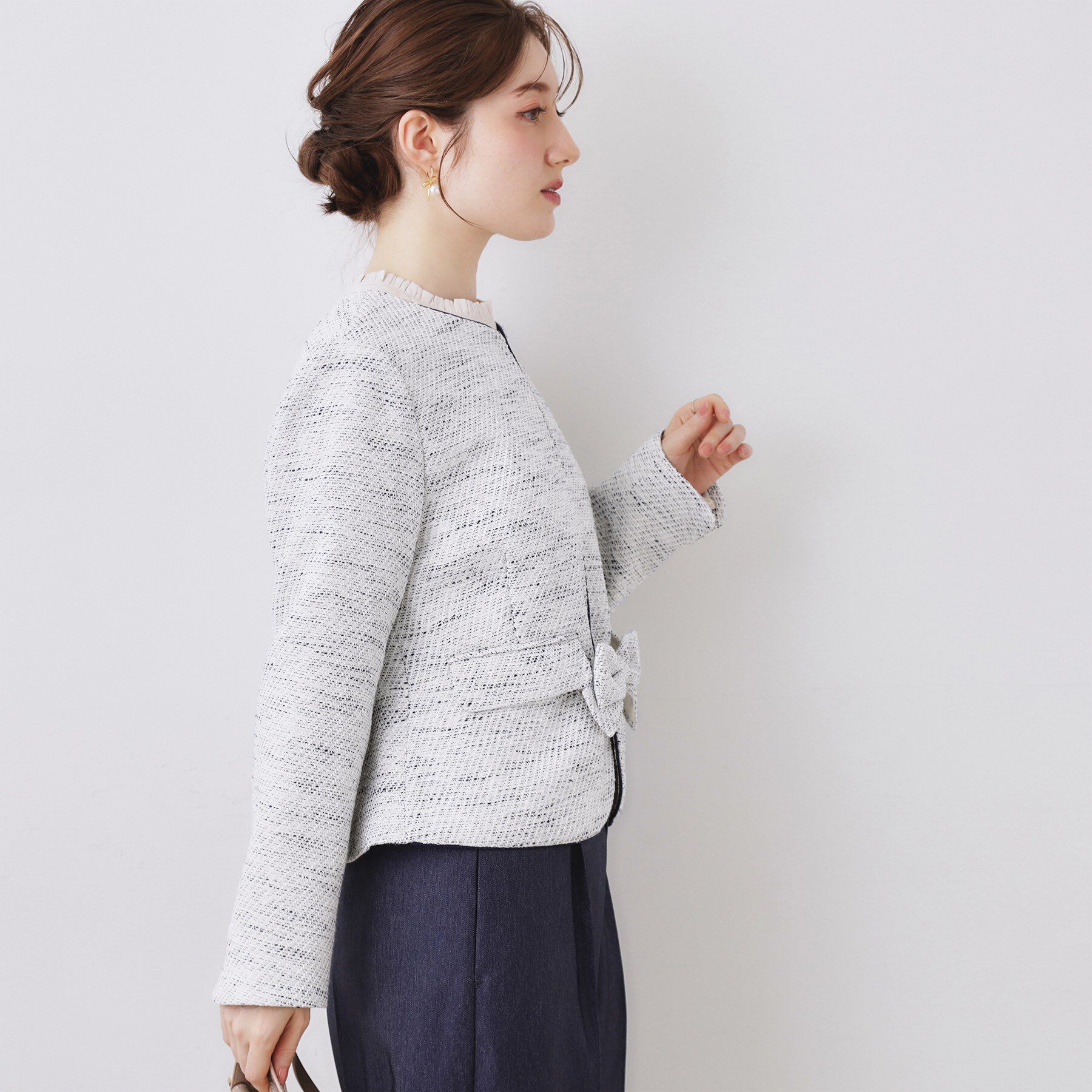 Couture broach「【ハレの日・通勤】カルゼスラブツイードジャケット」|ノーカラージャケット|