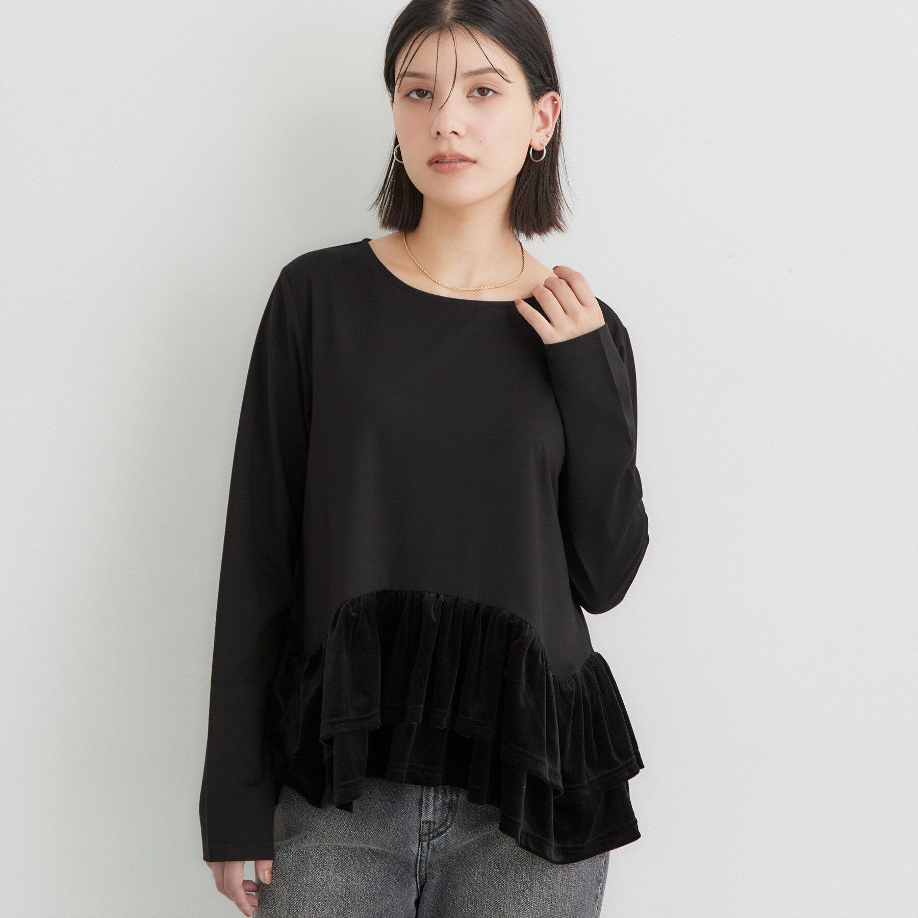 THE SHOP TK「フリルベロアペプラムトップス」|Tシャツ・カットソー|
