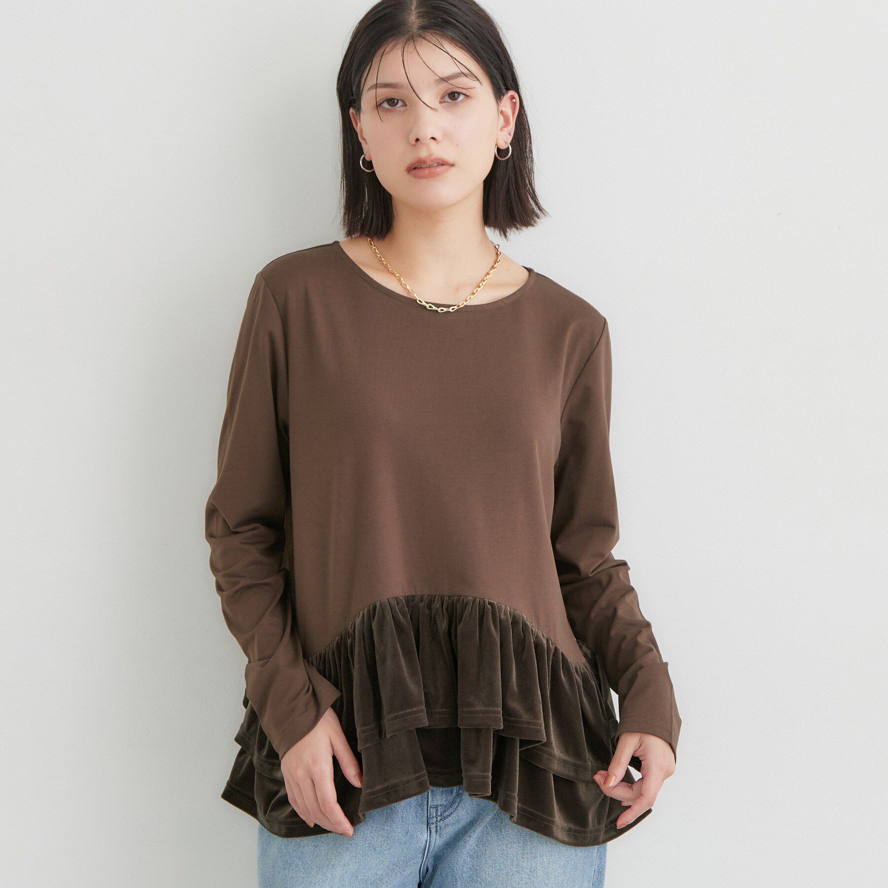 THE SHOP TK「フリルベロアペプラムトップス」|Tシャツ・カットソー|