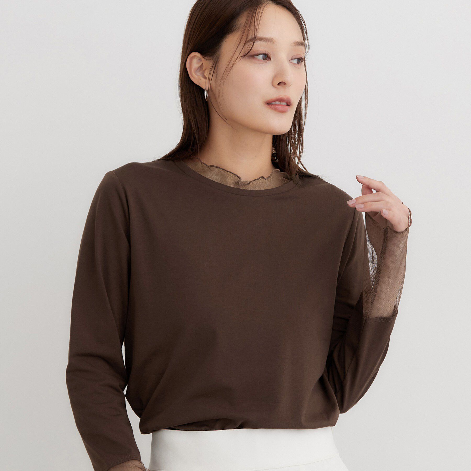 THE SHOP TK「重ね着もおすすめ！チュール切替カットソー」|Tシャツ・カットソー|ブラウン(043)