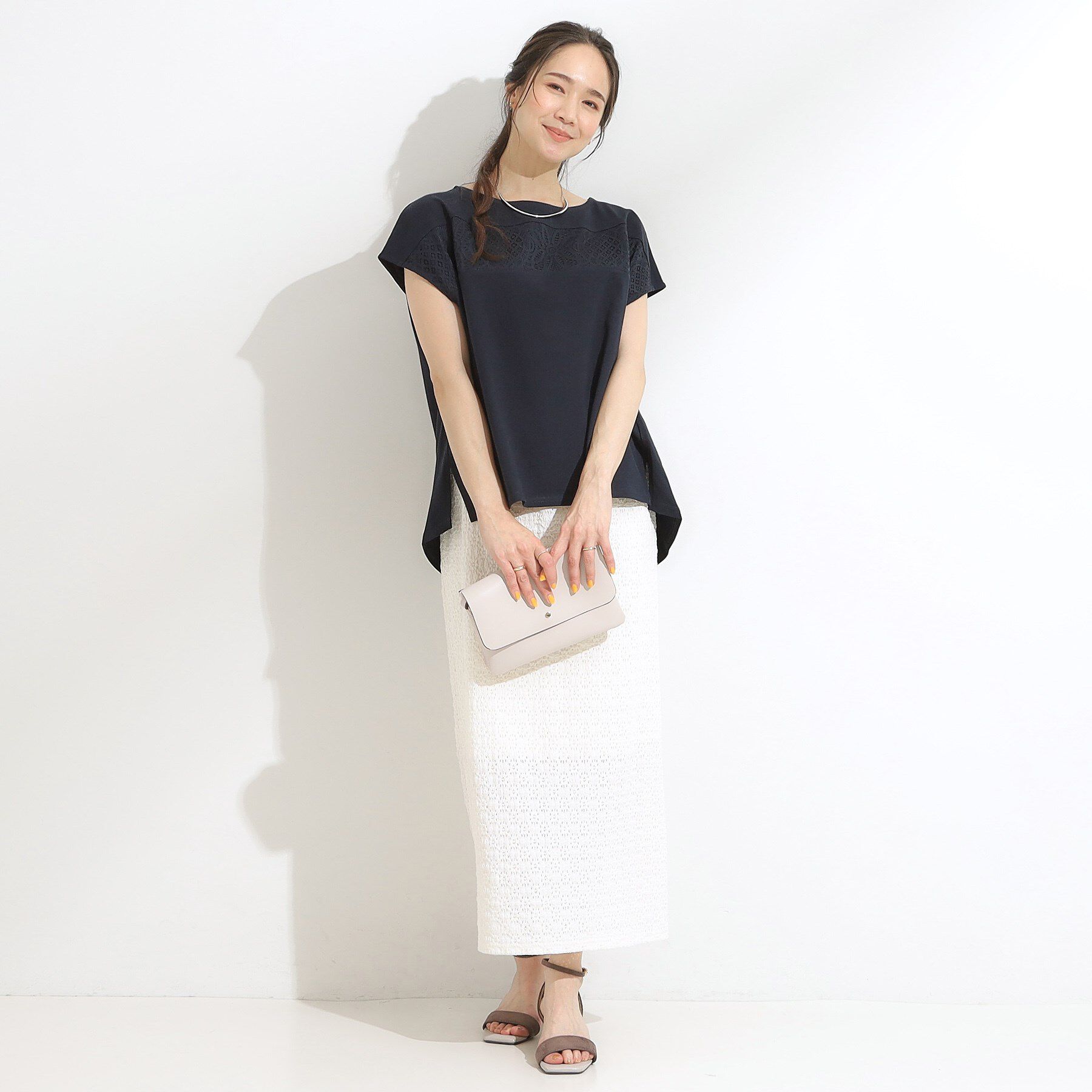 SHOO･LA･RUE「【洗える/S-LL/体型カバー】レース使いが華やか フレンチスリーブコットンTシャツ」|Tシャツ・カットソー|