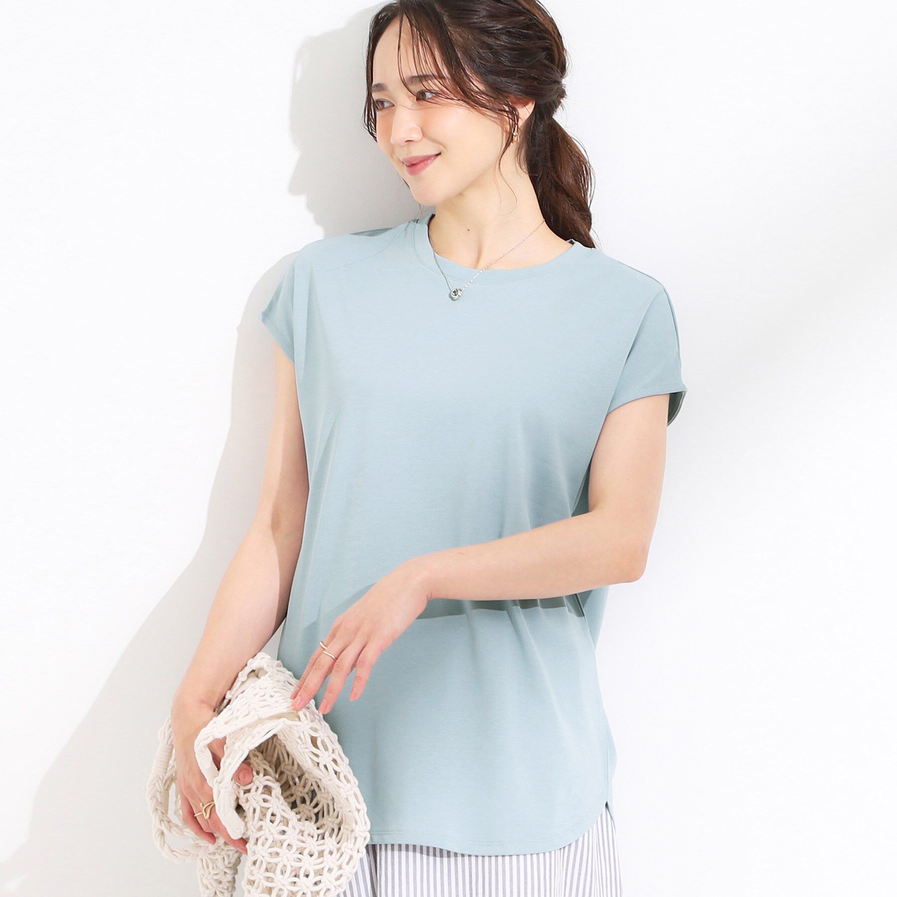SHOO･LA･RUE「【S-LL/汗ジミ軽減/ひんやり/UV】インせず着られる フレンチスリーブTシャツ」|Tシャツ・カットソー|ブルー(091)