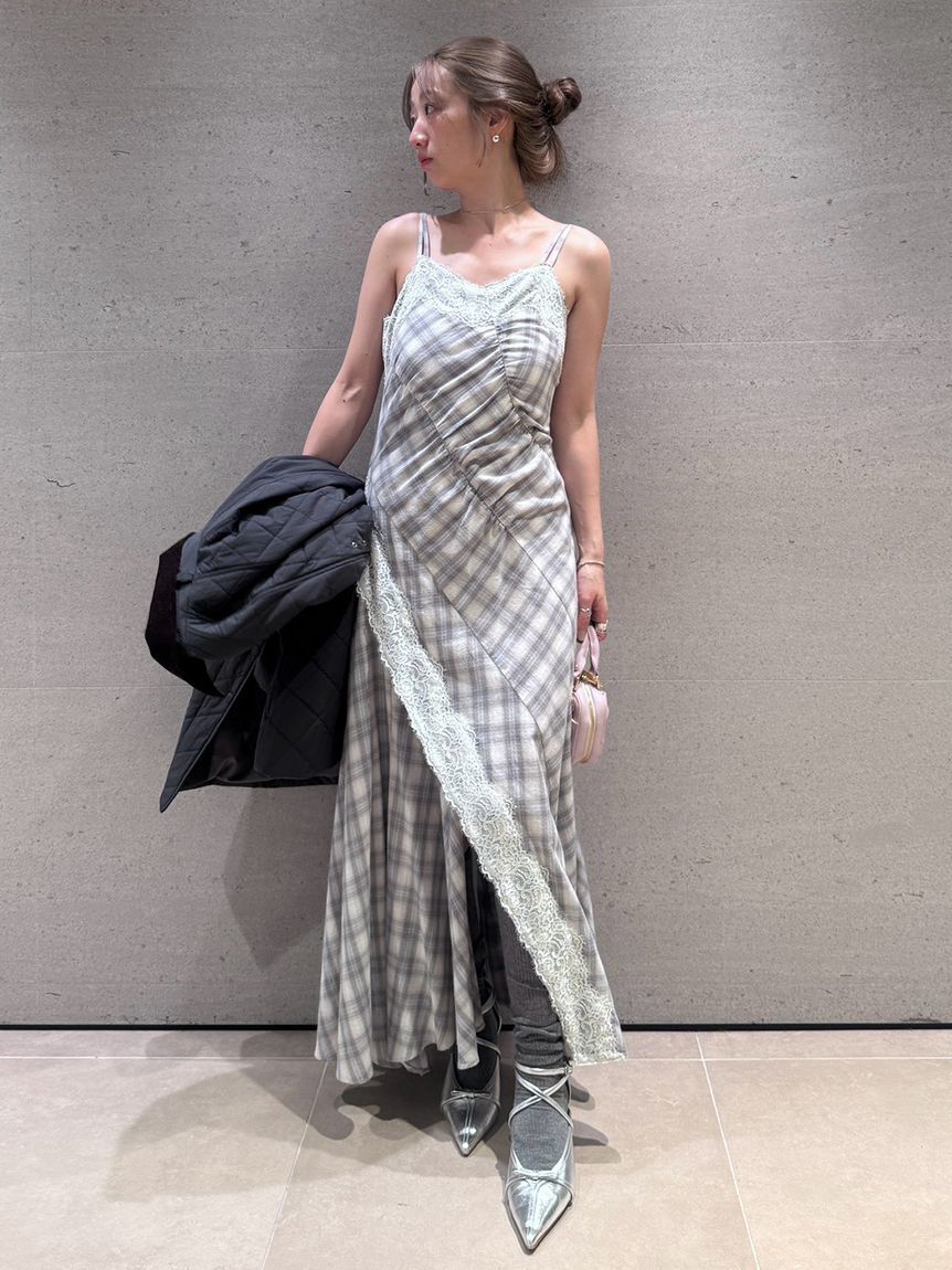 FURFUR「レーストリムフレアチェックドレス」|ワンピース|