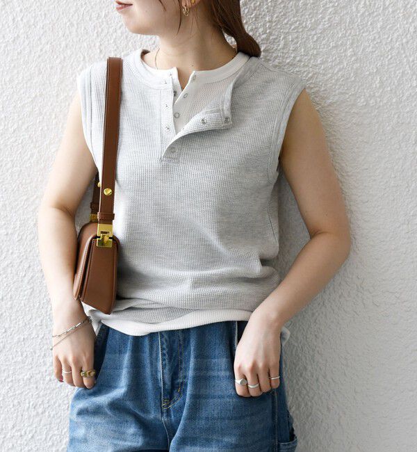 SHIPS any「SHIPS any:〈洗濯機可能〉ワッフル ヘンリーネック 2WAY ノースリーブ TEE」|タンクトップ|ライトグレー