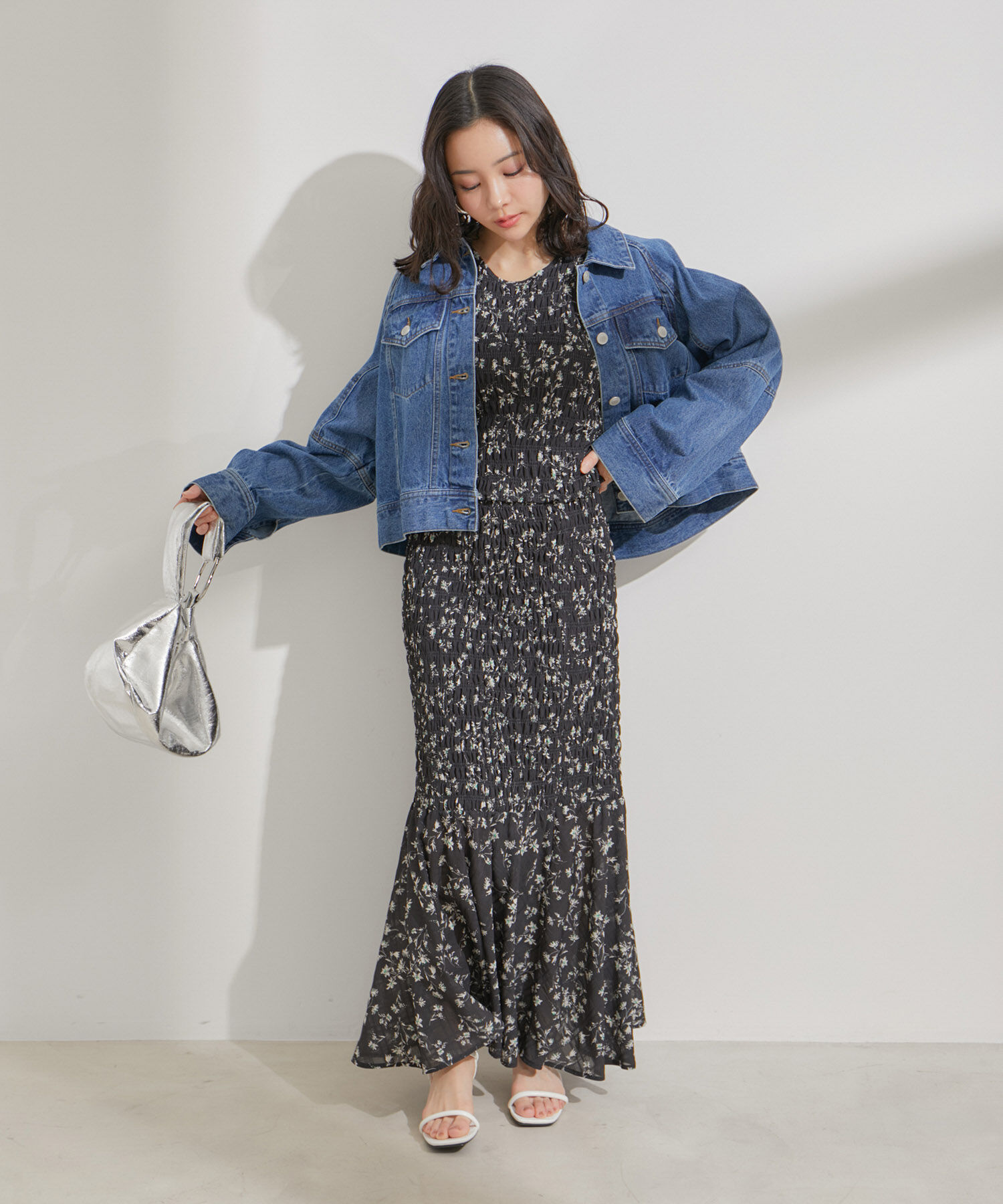 VIS「【セットアップ対応】花柄シャーリングロングスカート」|スカート|