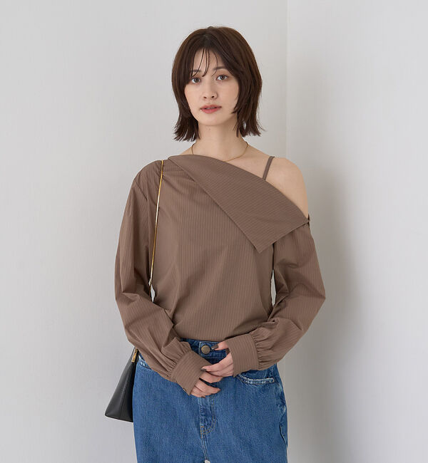 Rouge vif「【新色登場】【一部店舗限定】アシメオフショルブラウス ストライプ」|シャツ・ブラウス|