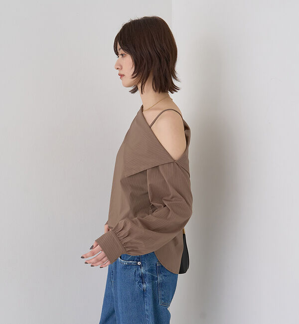 Rouge vif「【新色登場】【一部店舗限定】アシメオフショルブラウス ストライプ」|シャツ・ブラウス|