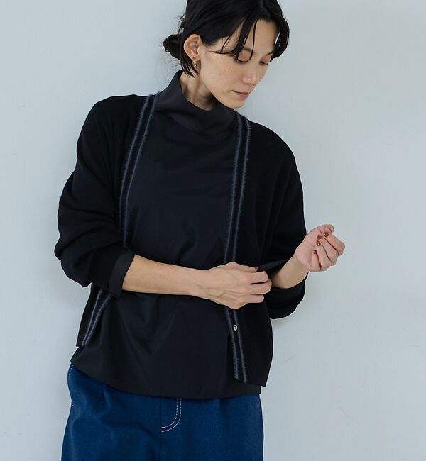 qualite「【アンサンブル可能】フェザートリミングニットカーデ」|カーディガン|ブラック