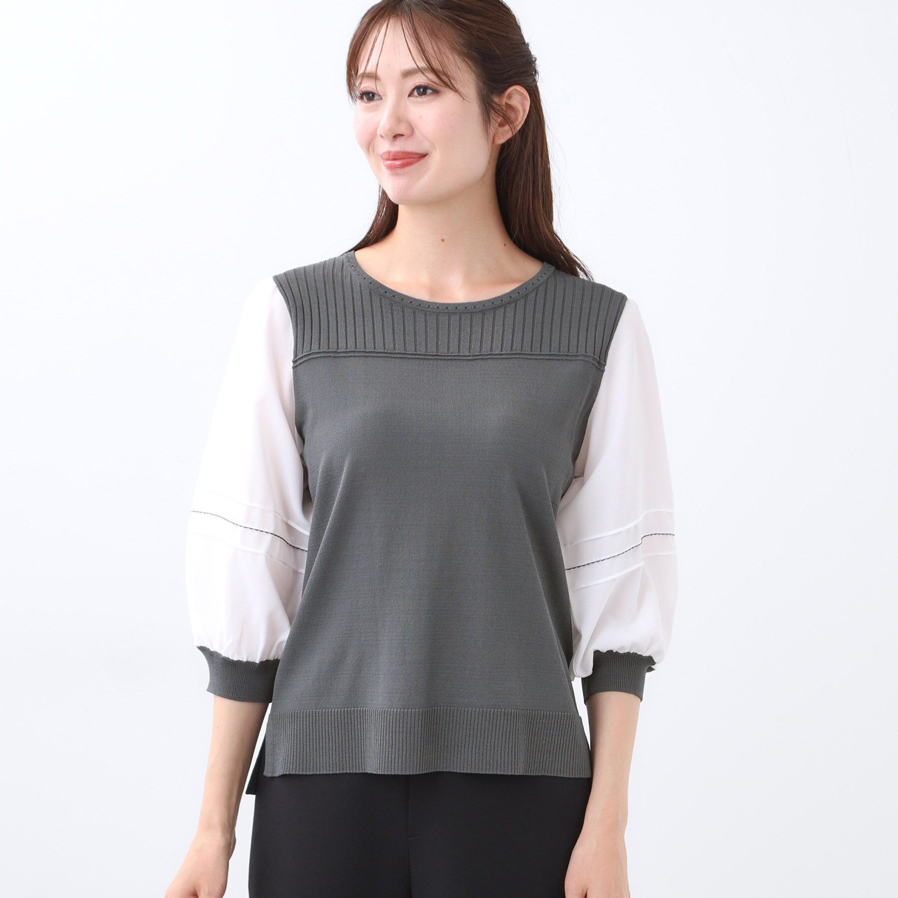 Reflect「【WEB先行カラーあり／手洗い可】ジョーゼットスリーブ&times;ニット」|Tシャツ・カットソー|