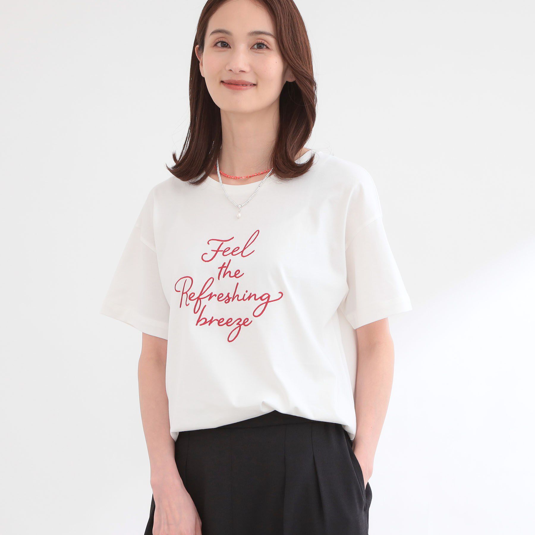 Reflect「【接触冷感】ラインアート刺繍Tシャツ」|Tシャツ・カットソー|ホワイト(101)