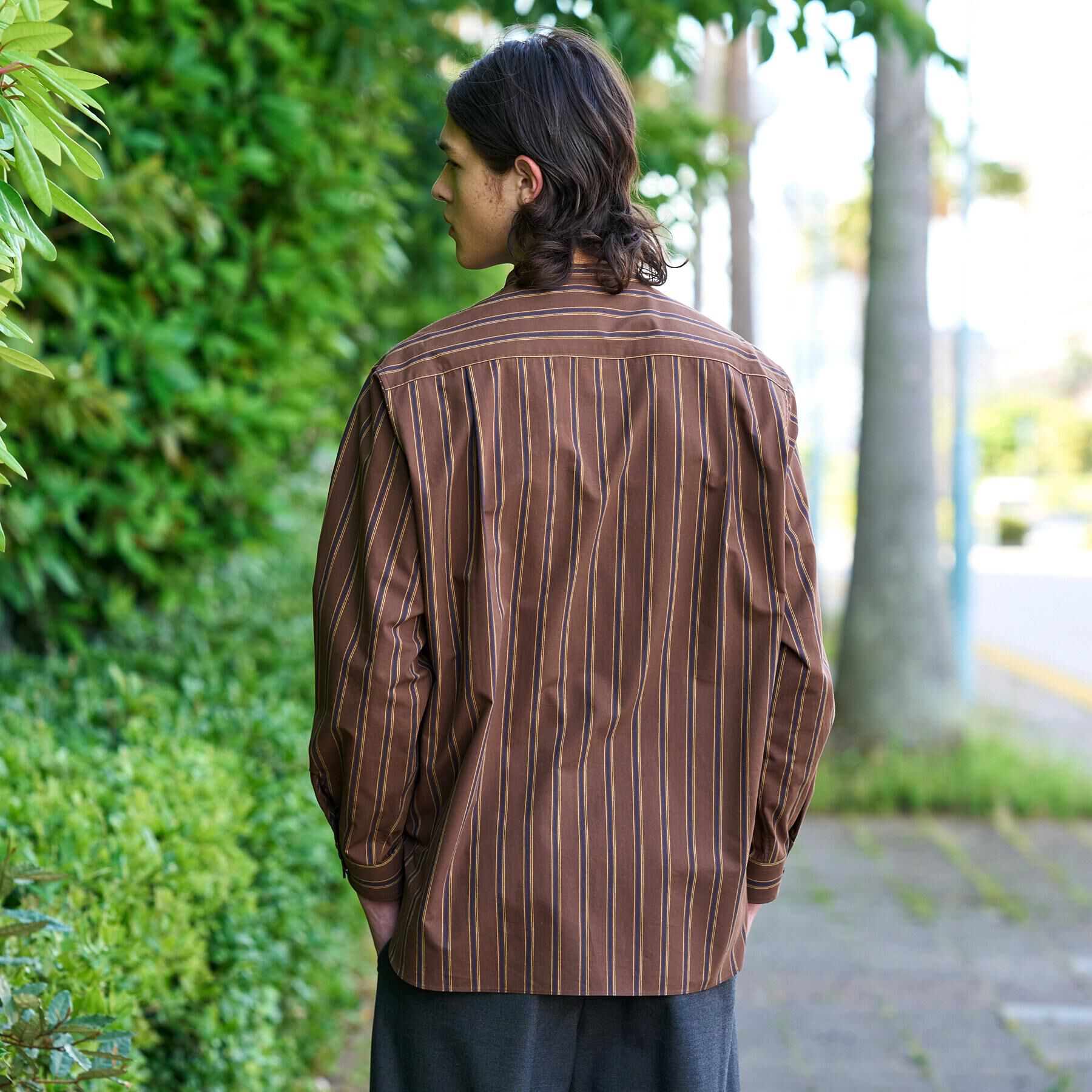 DRESSTERIOR「【日本製】バンドカラー ブラウンレジメンタル ストライプシャツ」|シャツ・ブラウス|