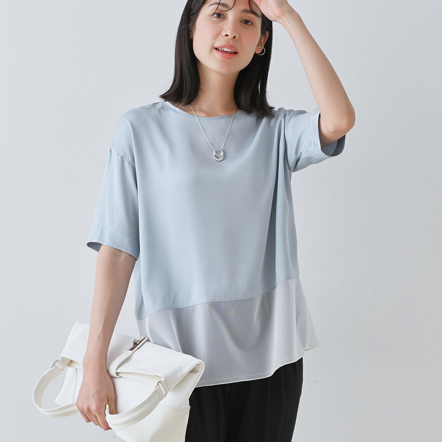 INDIVI「【洗える】裾シアー半袖トップス」|Tシャツ・カットソー|サックスブルー(09
