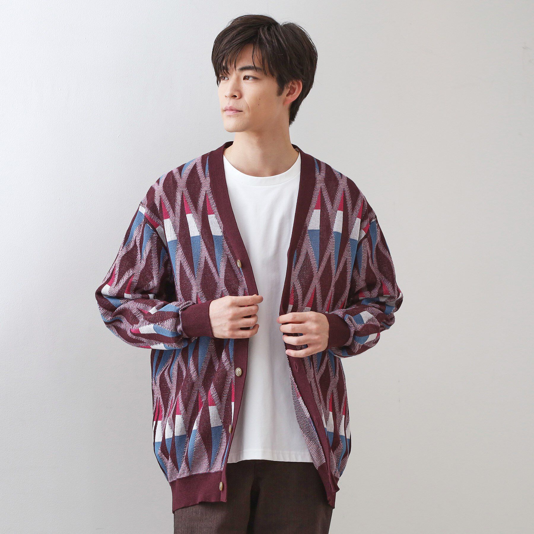 THE SHOP TK「【季節の変わり目に活躍】ニットカーディガン 選べる2デザイン(柄&無地)/洗濯機OK」|カーディガン|ボルドー(664)