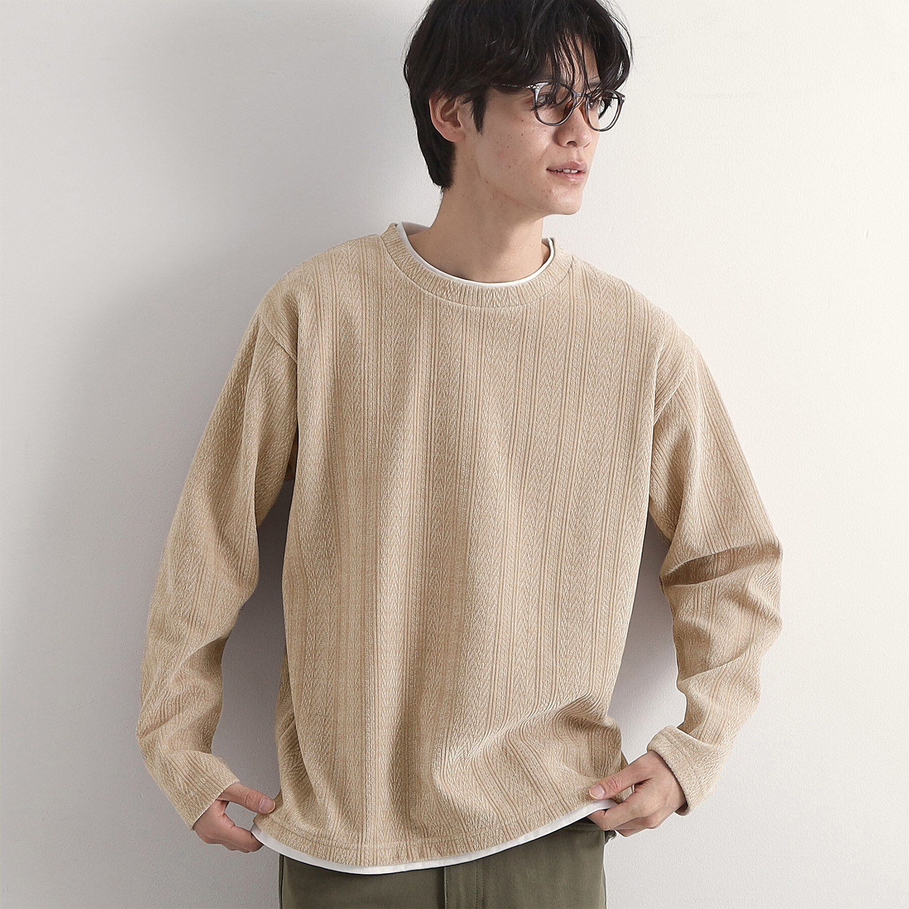 THE SHOP TK「【心地良い、滑らかさ】レイヤード風ケーブル ニットソー 【洗濯機OK】」|Tシャツ・カットソー|ベージュ(052)