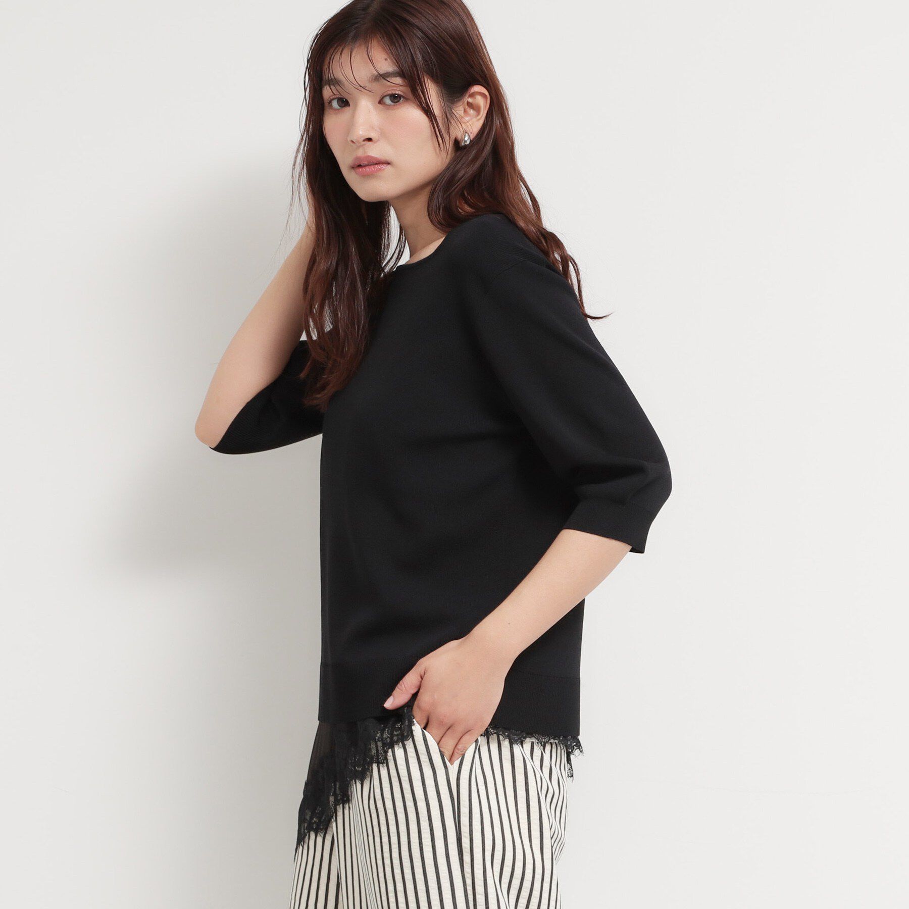 THE SHOP TK「【S-XL/ひんやりタッチ】美しさ際立つ 6分袖ニット 洗濯機OK/UVケア/毛玉になりにくい」|ニット・セーター|