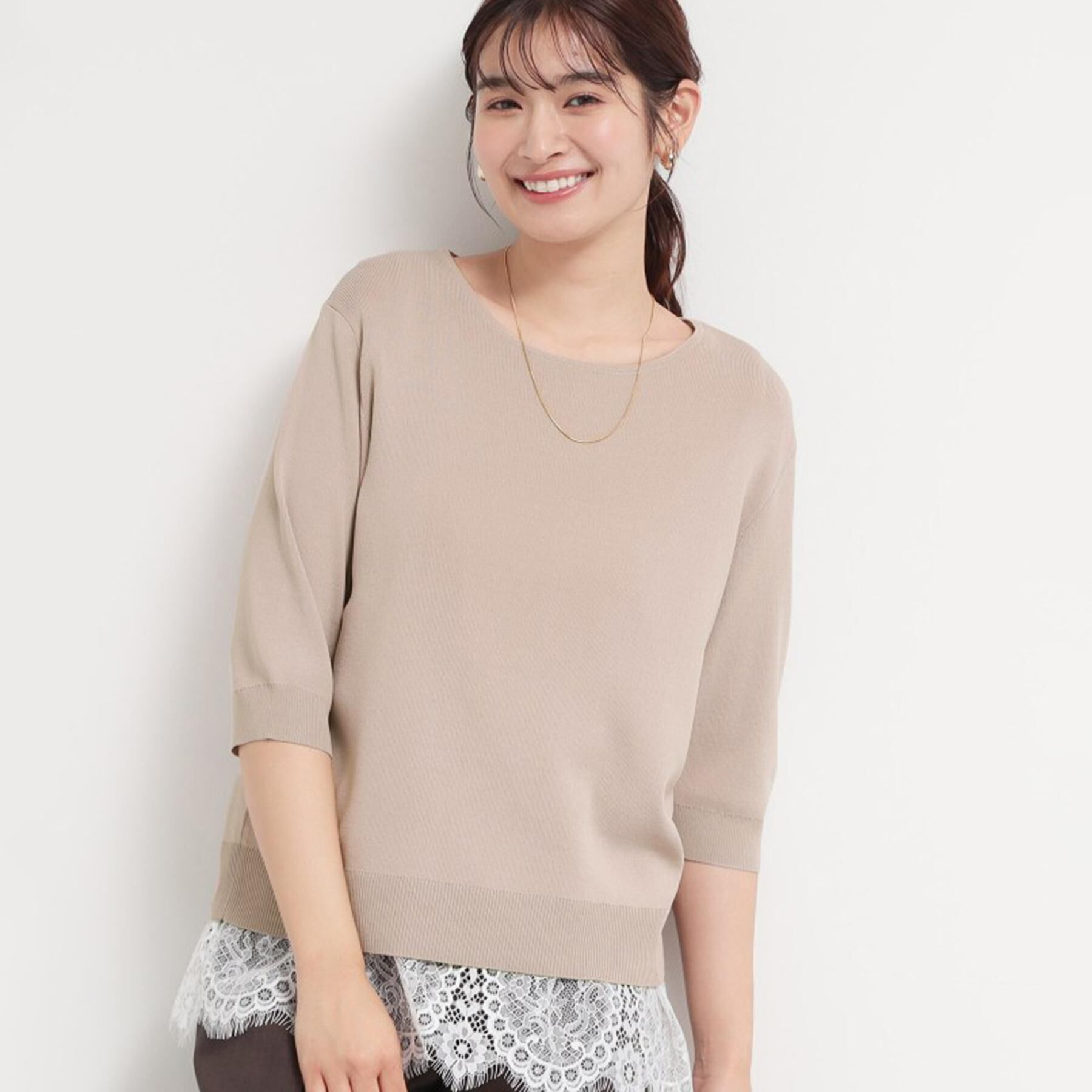THE SHOP TK「【S-XL/ひんやりタッチ】美しさ際立つ 6分袖ニット 洗濯機OK/UVケア/毛玉になりにくい」|ニット・セーター|