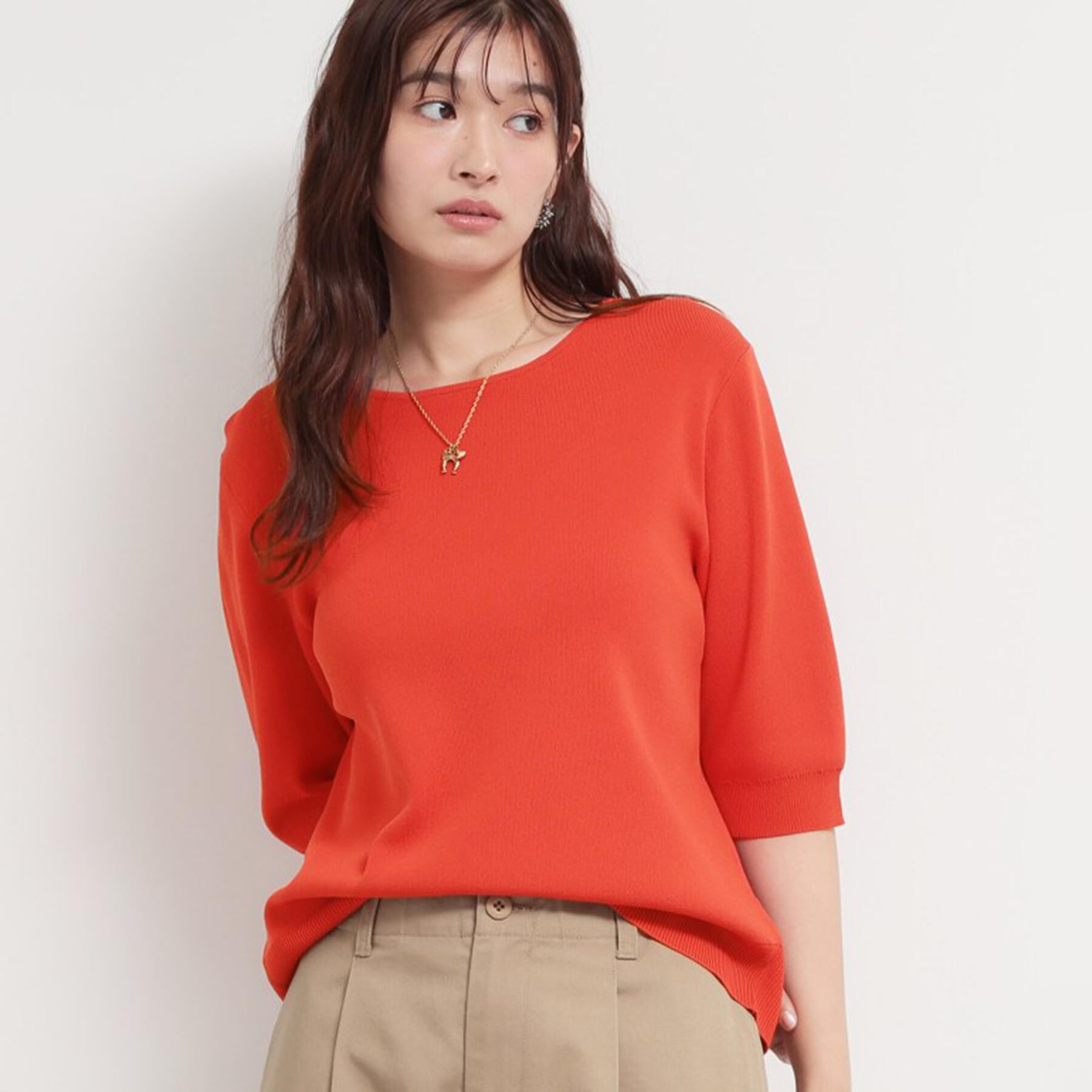 THE SHOP TK「【S-XL/ひんやりタッチ】美しさ際立つ 6分袖ニット 洗濯機OK/UVケア/毛玉になりにくい」|ニット・セーター|